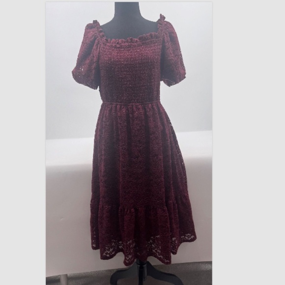 LC Lauren Conrad Dress Women Large Red Smock Lace Midi Peasant Cottagecore - Picture 1 of 16
